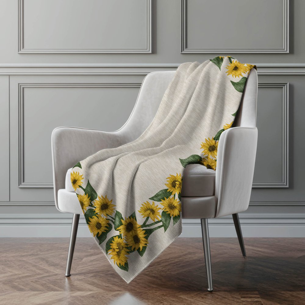 50" X 70" Yellow Green And Beige Floral Polyester Woven Plush Throw Blanket