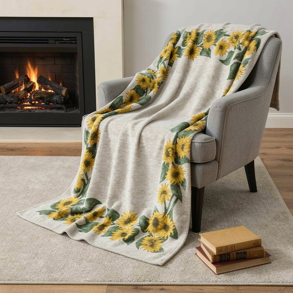 50" X 70" Beige And Yellow Sunflower Floral Microfiber Plush Throw Blanket