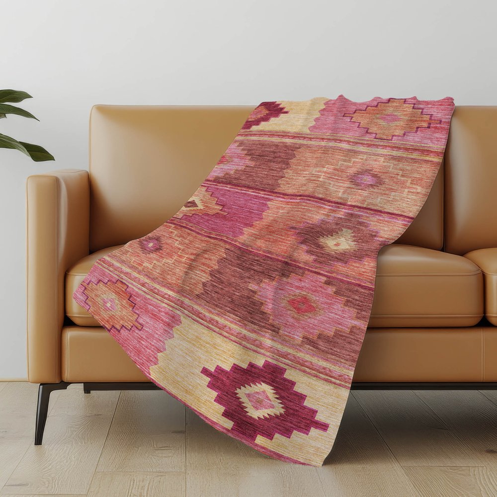 50" X 70" Pink Rust And Beige Geometric Polyester Woven Plush Throw Blanket
