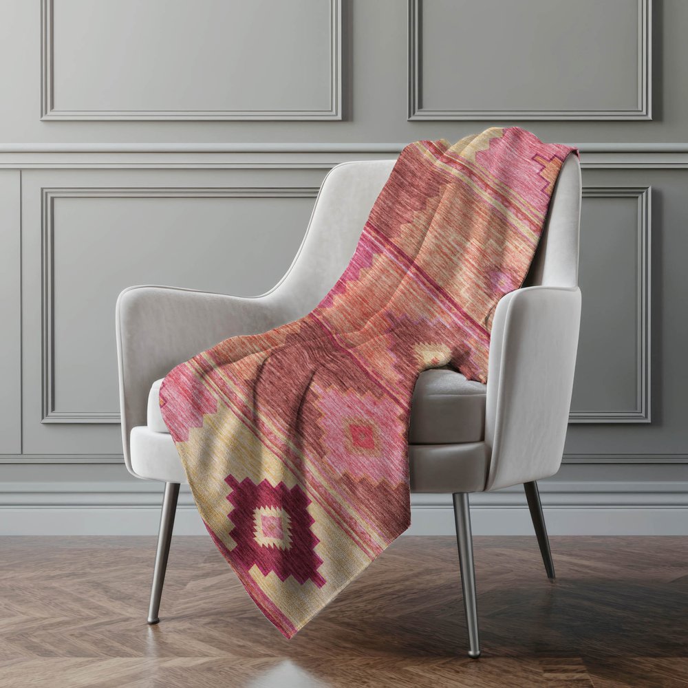 50" X 70" Pink Rust And Beige Geometric Polyester Woven Plush Throw Blanket