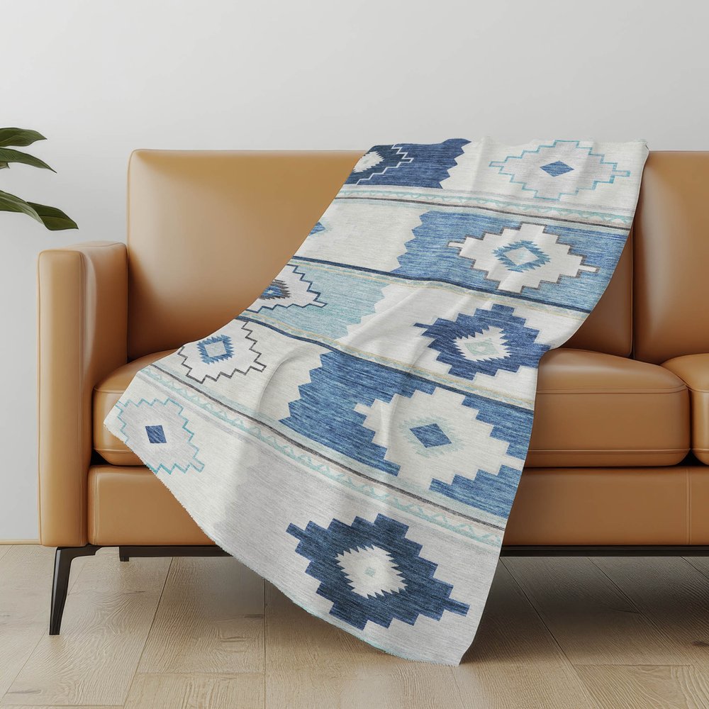 50" X 70" Blue And Ivory Geometric Polyester Woven Plush Throw Blanket
