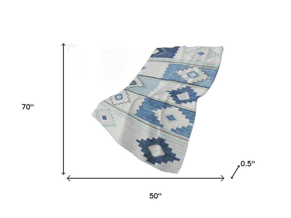 50" X 70" Blue And Ivory Geometric Polyester Woven Plush Throw Blanket