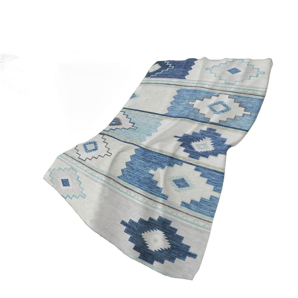 50" X 70" Blue And Ivory Geometric Polyester Woven Plush Throw Blanket