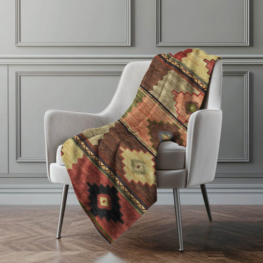 50" X 70" Rust Green And Beige Geometric Polyester Woven Plush Throw Blanket
