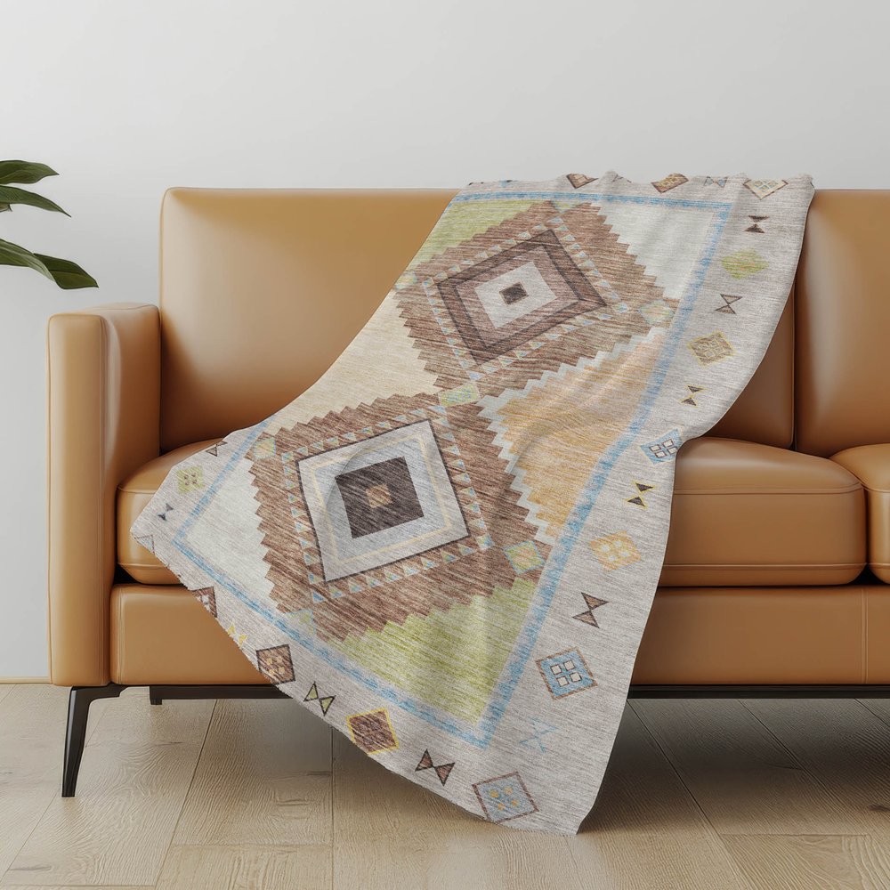 50" X 70" Taupe Beige And Brown Geometric Polyester Woven Plush Throw Blanket