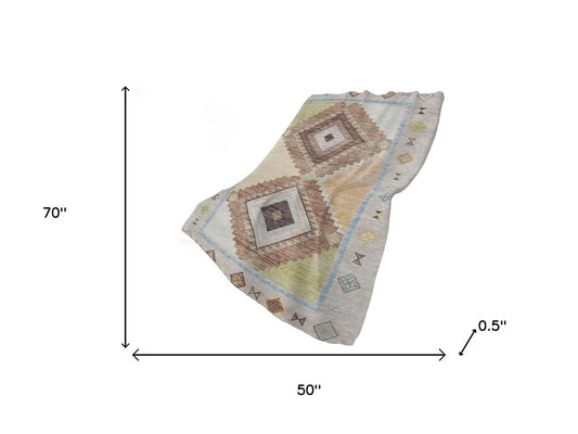 50" X 70" Taupe Beige And Brown Geometric Plush Throw Blanket