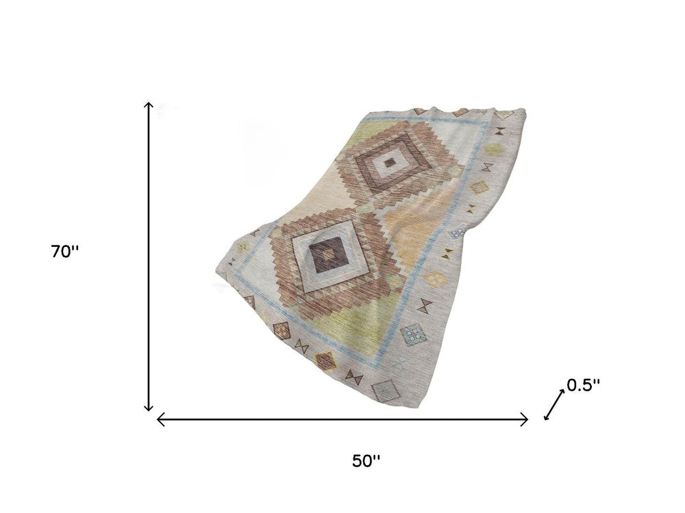 50" X 70" Taupe Beige And Brown Geometric Polyester Woven Plush Throw Blanket