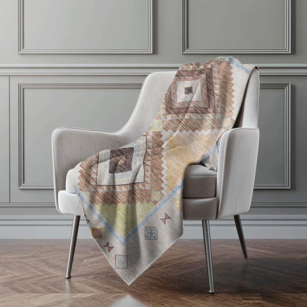 50" X 70" Taupe Beige And Brown Geometric Polyester Woven Plush Throw Blanket