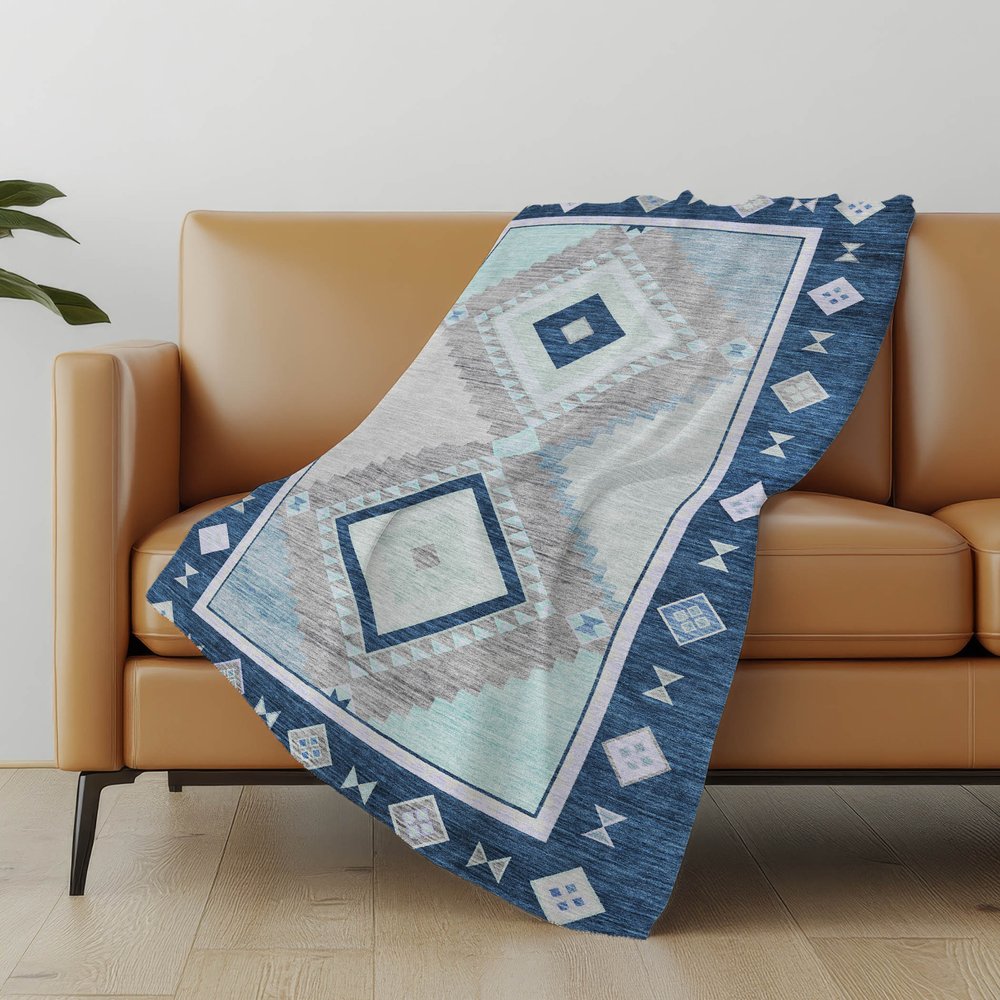 50" X 70" Blue And Ivory Geometric Polyester Woven Plush Throw Blanket