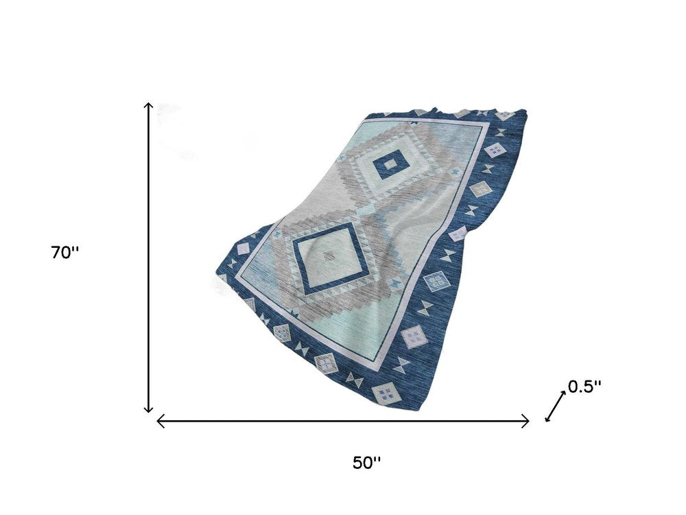 50" X 70" Blue And Ivory Geometric Polyester Woven Plush Throw Blanket