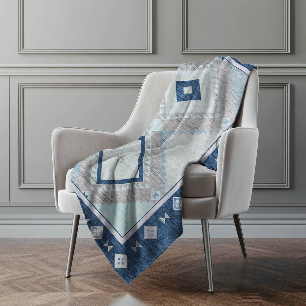 50" X 70" Blue And Ivory Geometric Polyester Woven Plush Throw Blanket