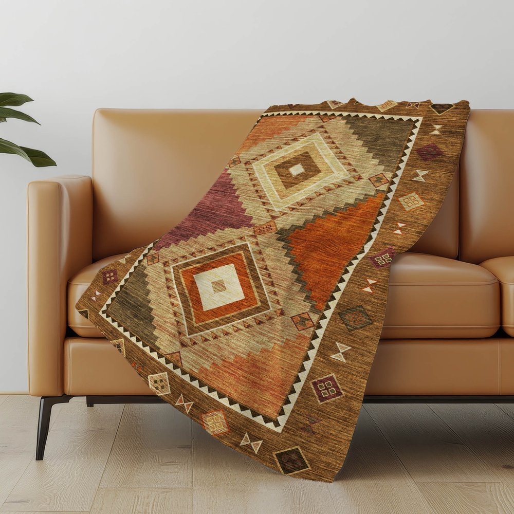 50" X 70" Brown Walnut And Beige Geometric Polyester Woven Plush Throw Blanket
