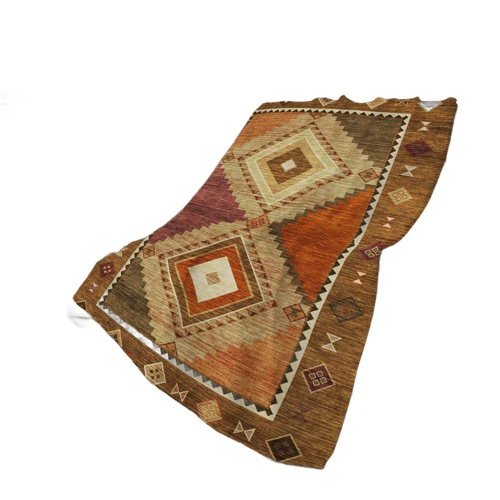50" X 70" Brown Walnut And Beige Geometric Polyester Woven Plush Throw Blanket