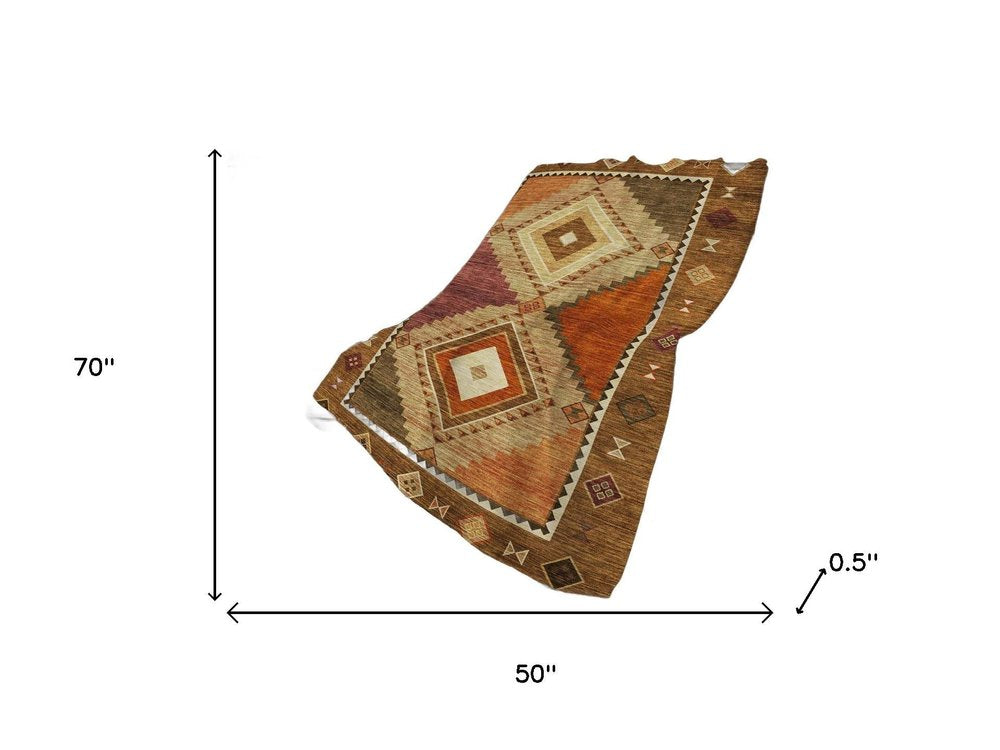 50" X 70" Brown Walnut And Beige Geometric Polyester Woven Plush Throw Blanket