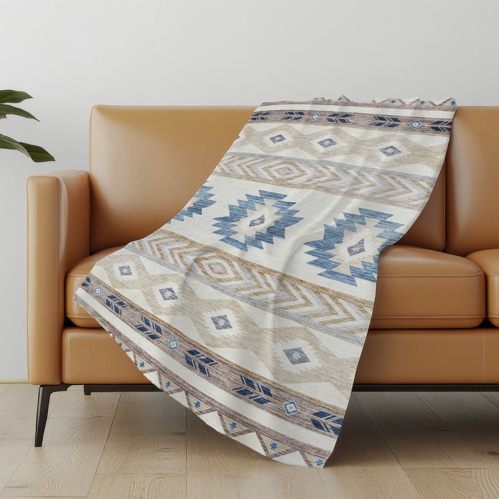 50" X 70" Taupe Blue And Ivory Geometric Polyester Woven Plush Throw Blanket