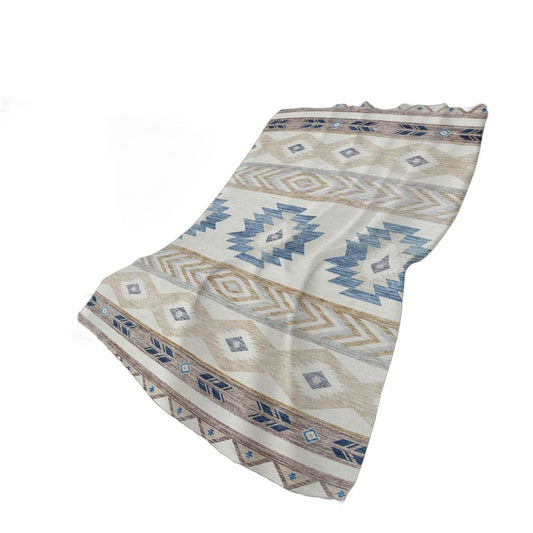 50" X 70" Taupe Blue And Ivory Geometric Polyester Woven Plush Throw Blanket