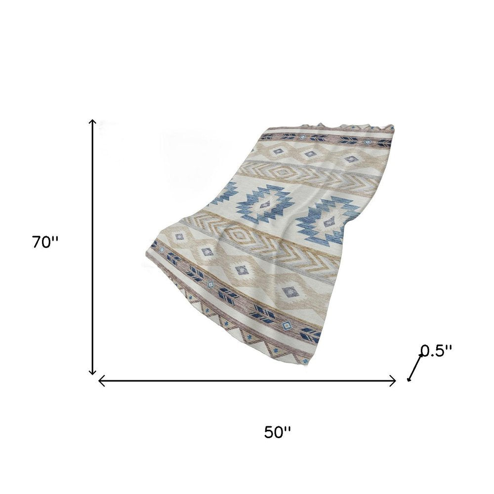 50" X 70" Taupe Blue And Ivory Geometric Polyester Woven Plush Throw Blanket