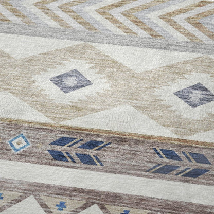 50" X 70" Taupe Blue And Ivory Geometric Polyester Woven Plush Throw Blanket