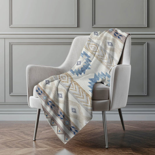 50" X 70" Taupe Blue And Ivory Geometric Polyester Woven Plush Throw Blanket