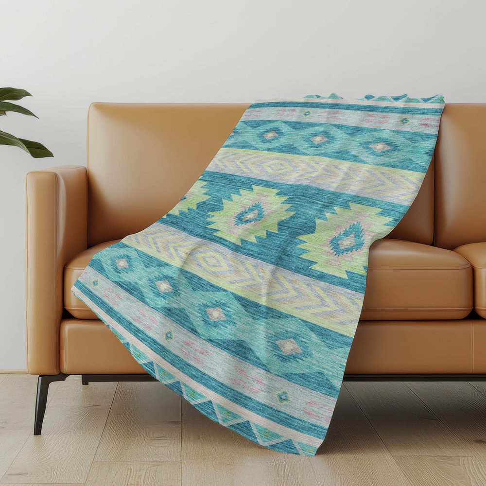 50" X 70" Teal Lime Green And Beige Geometric Polyester Woven Plush Throw Blanket