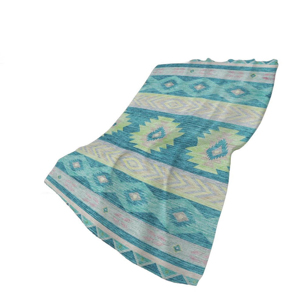 50" X 70" Teal Lime Green And Beige Geometric Polyester Woven Plush Throw Blanket