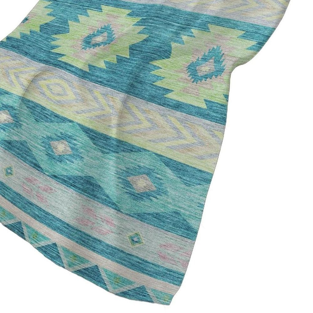 50" X 70" Teal Lime Green And Beige Geometric Polyester Woven Plush Throw Blanket