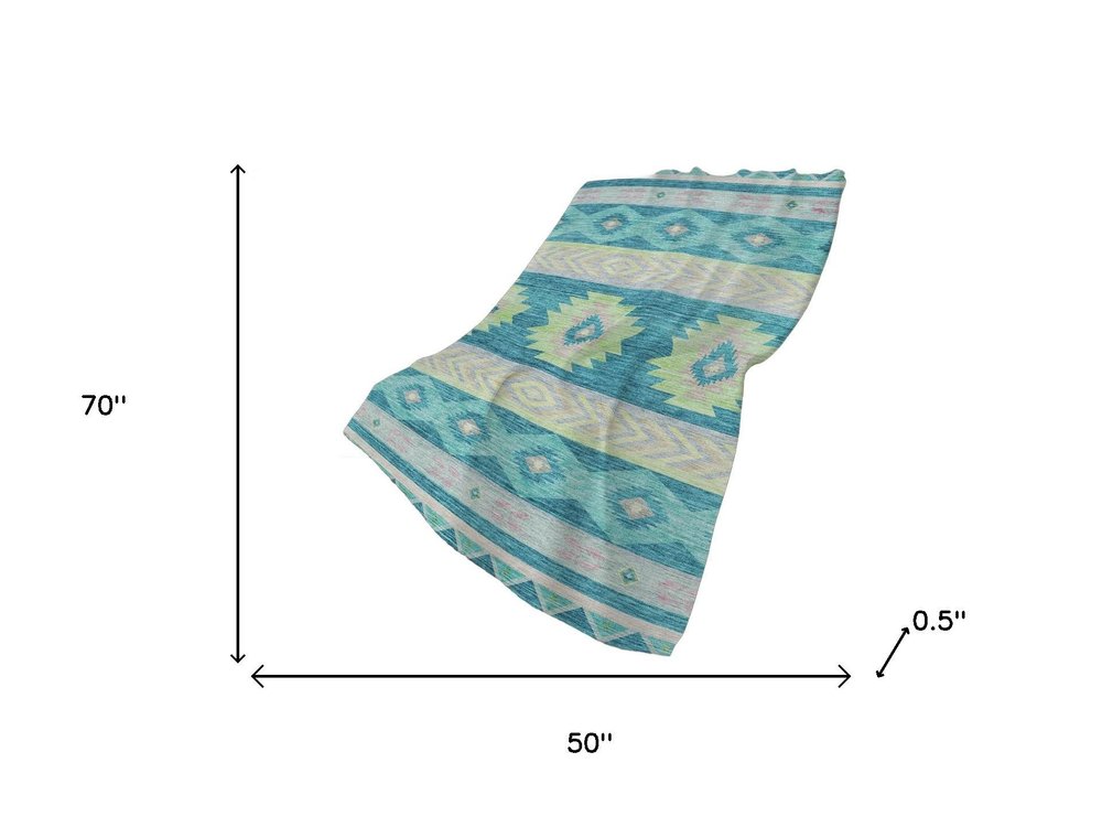 50" X 70" Teal Lime Green And Beige Geometric Polyester Woven Plush Throw Blanket