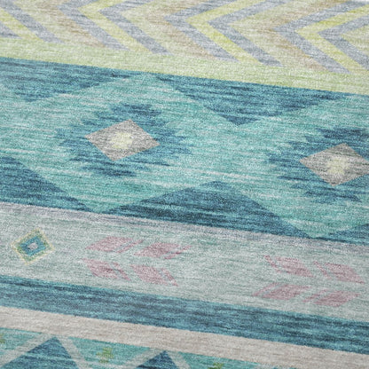 50" X 70" Teal Lime Green And Beige Geometric Polyester Woven Plush Throw Blanket