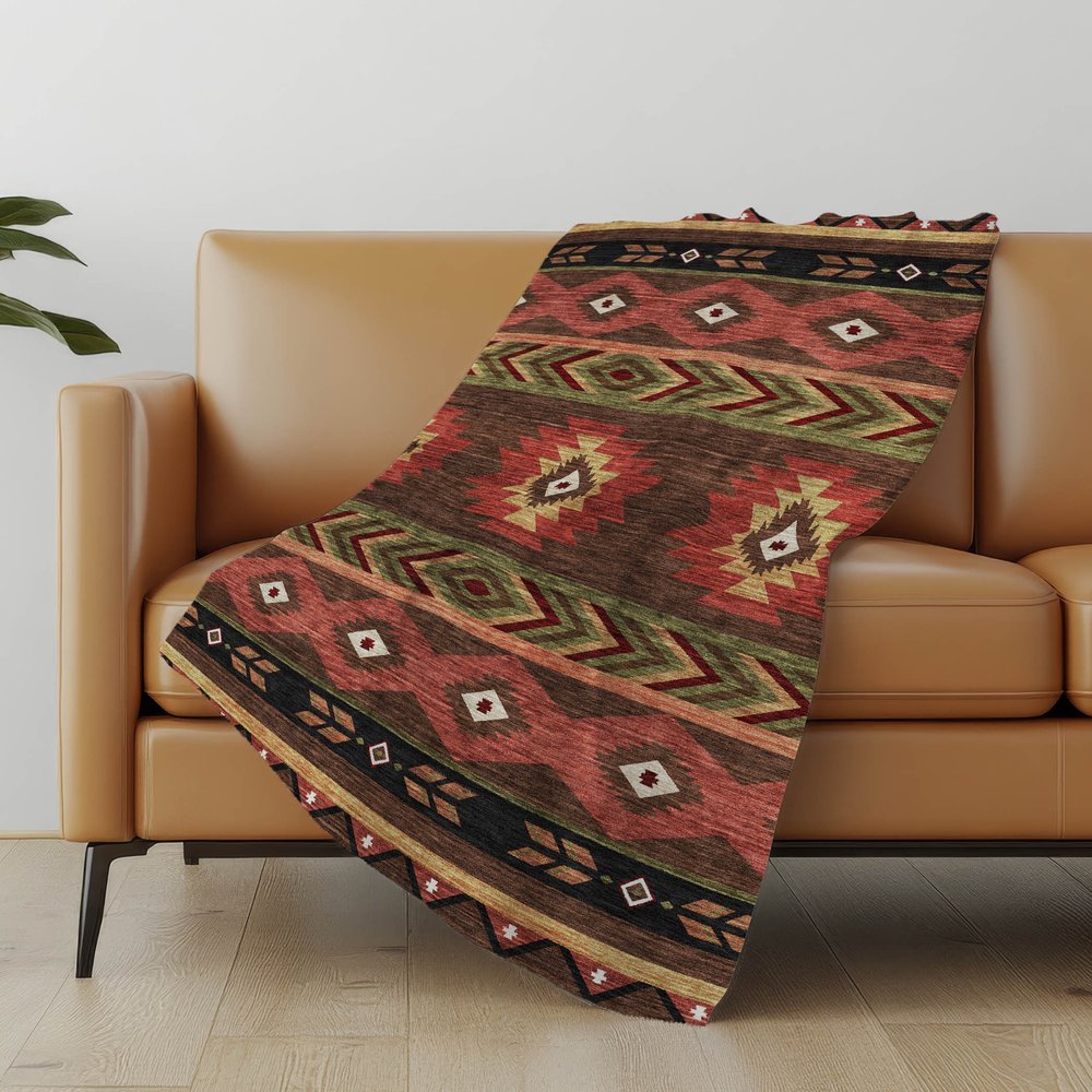 50" X 70" Brown Rust And Beige Geometric Polyester Woven Plush Throw Blanket