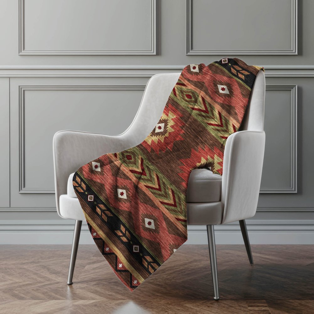 50" X 70" Brown Rust And Beige Geometric Polyester Woven Plush Throw Blanket