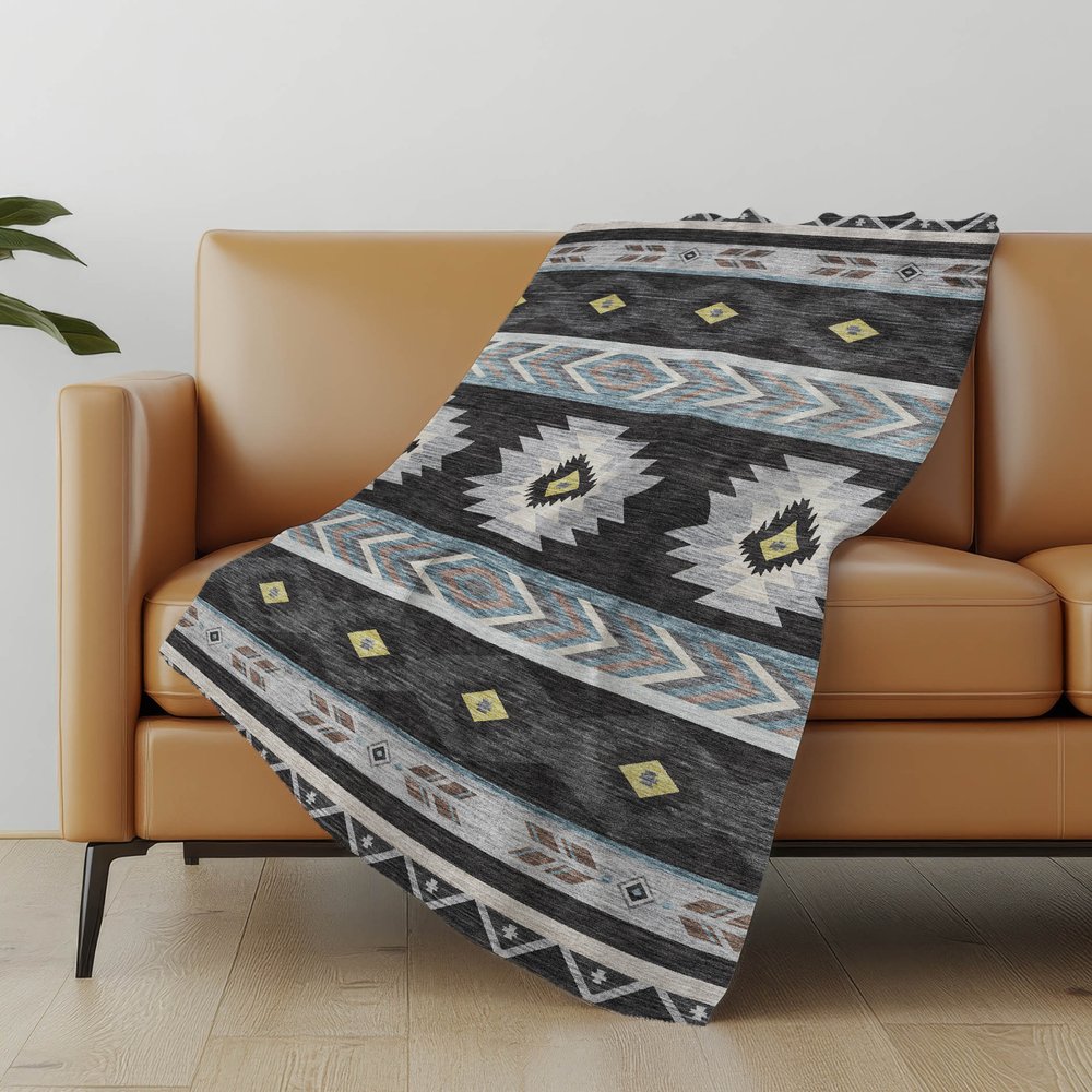 50" X 70" Midnight Silver And Blue Geometric Polyester Woven Plush Throw Blanket