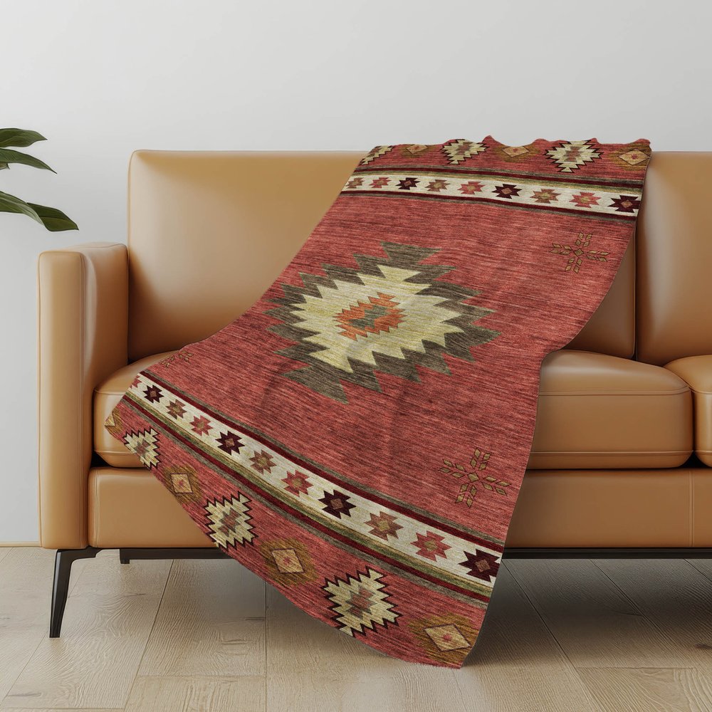 50" X 70" Rust Chocolate And Beige Geometric Polyester Woven Plush Throw Blanket