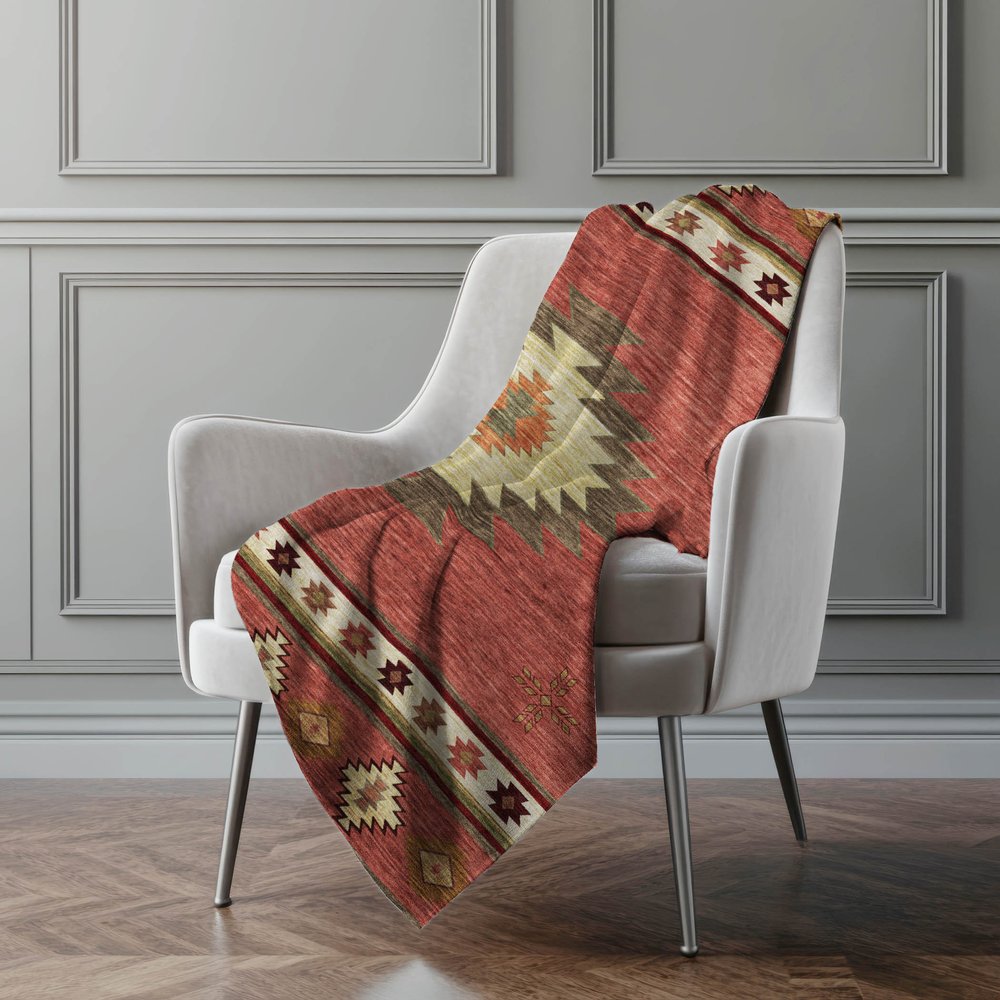 50" X 70" Rust Chocolate And Beige Geometric Polyester Woven Plush Throw Blanket