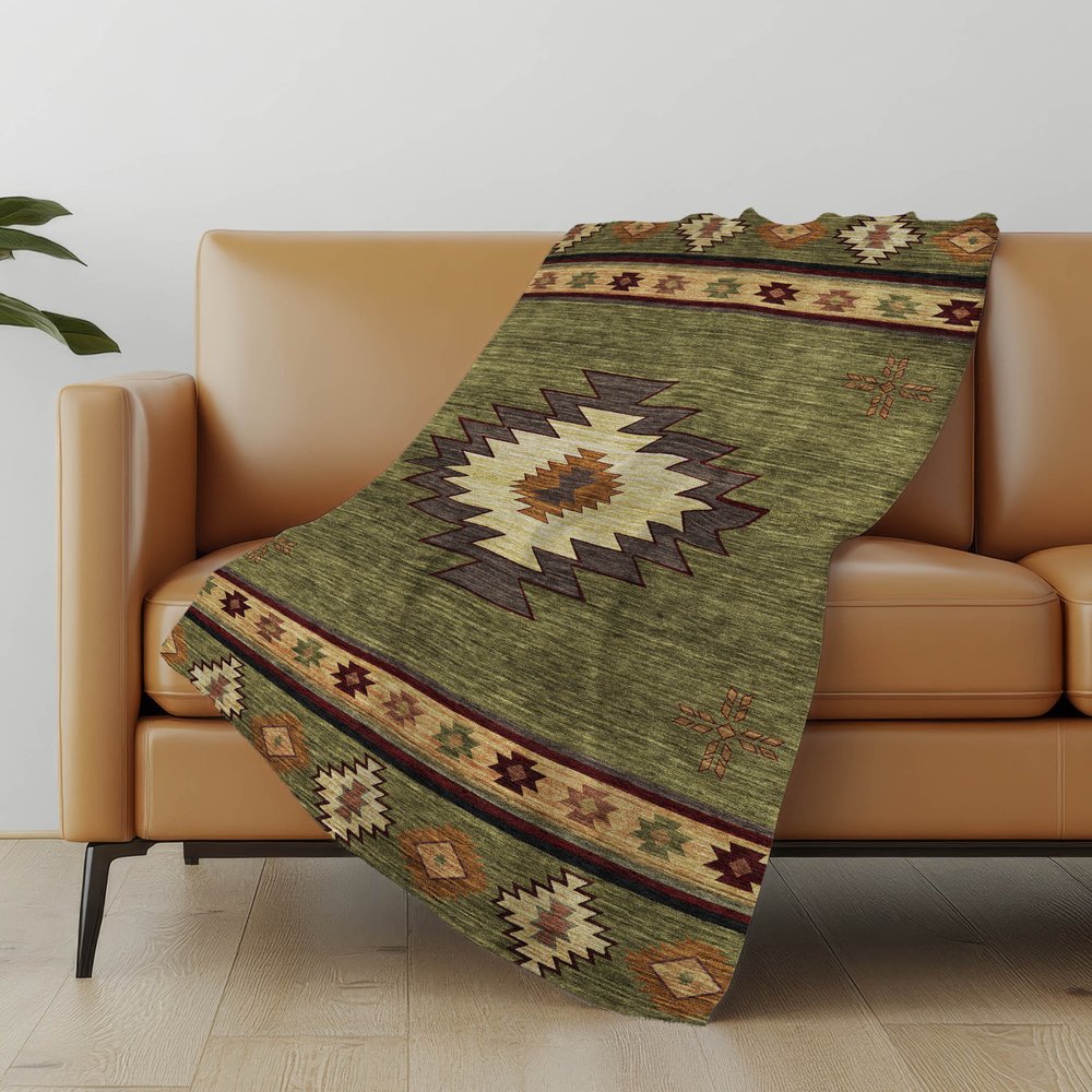 50" X 70" Green Rust And Gold Geometric Polyester Woven Plush Throw Blanket