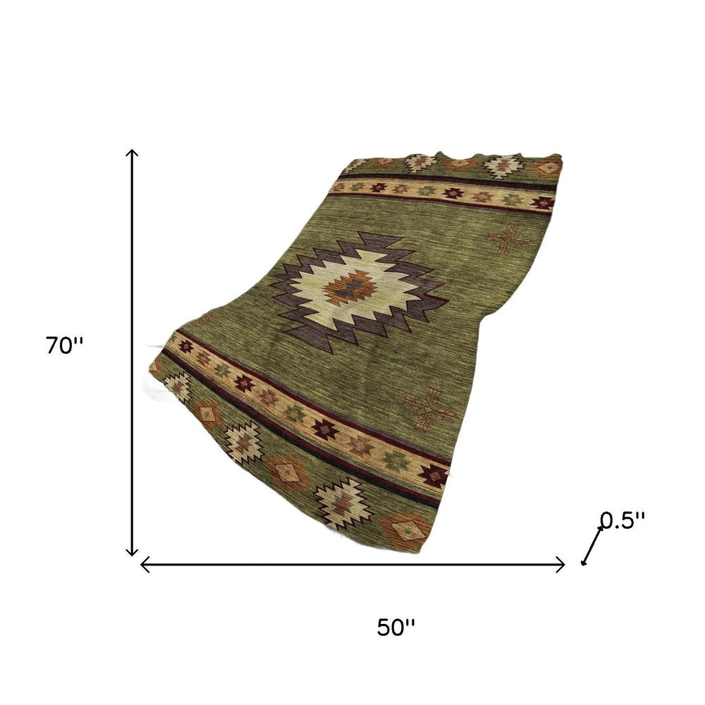 50" X 70" Green Rust And Gold Geometric Polyester Woven Plush Throw Blanket