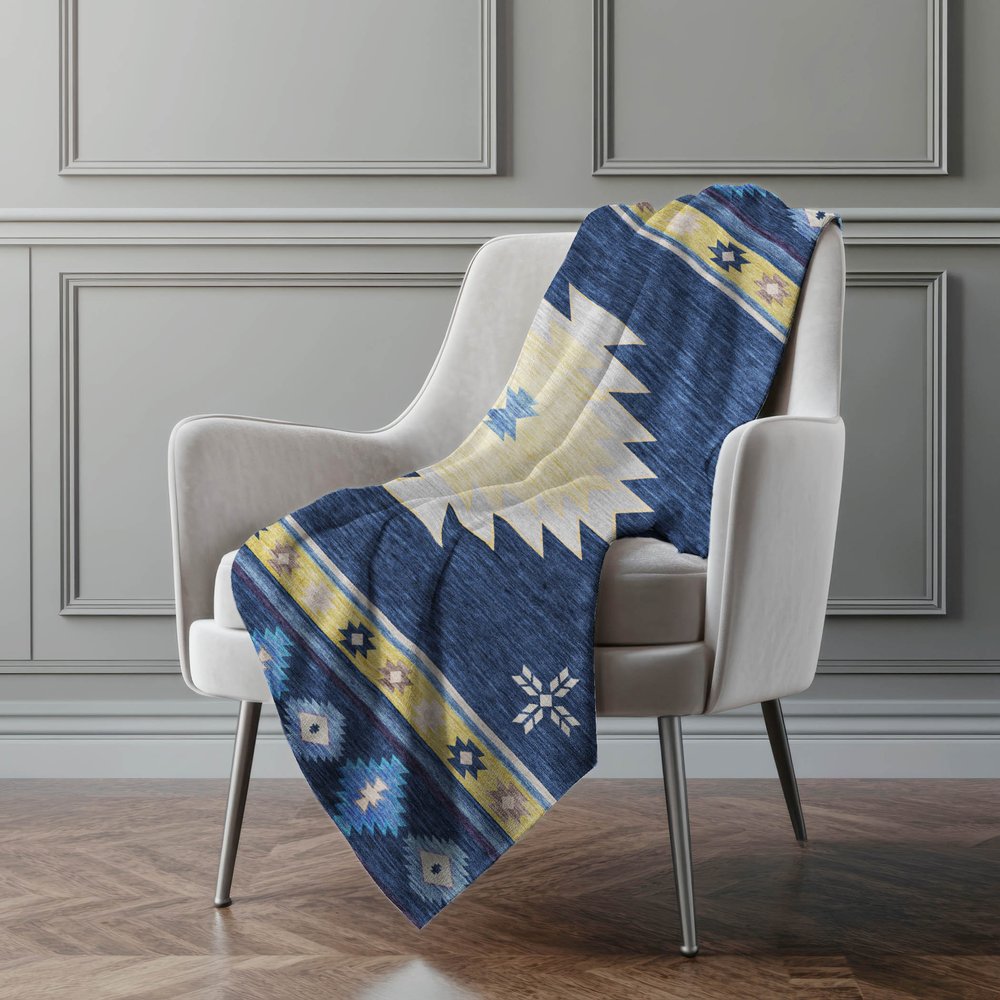 50" X 70" Blue Yellow And Silver Geometric Polyester Woven Plush Throw Blanket