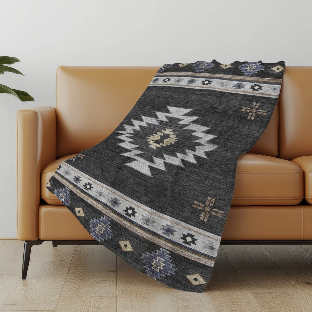 50" X 70" Midnight Gray And Beige Geometric Polyester Woven Plush Throw Blanket