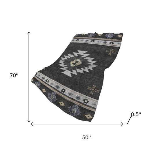 50" X 70" Midnight Gray And Beige Geometric Plush Throw Blanket