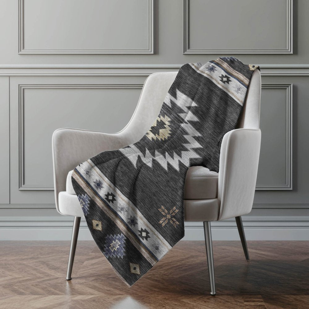 50" X 70" Midnight Gray And Beige Geometric Polyester Woven Plush Throw Blanket