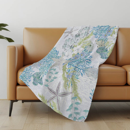 50" X 70" Aqua Ivory And Gray Floral Polyester Woven Plush Throw Blanket