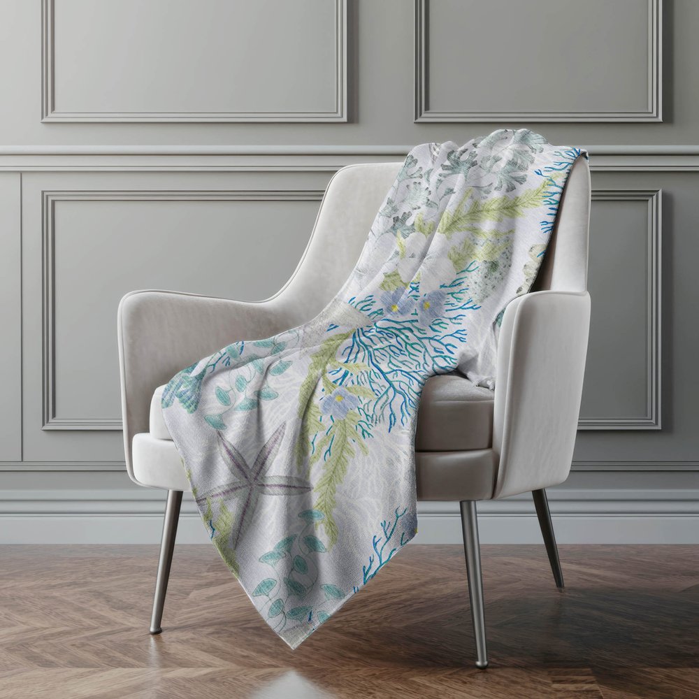 50" X 70" Aqua Ivory And Gray Floral Polyester Woven Plush Throw Blanket