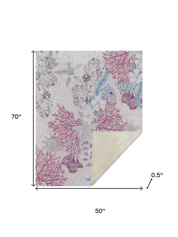 50" X 70" Raspberry Gray And Ivory Floral Polyester Woven Plush Throw Blanket