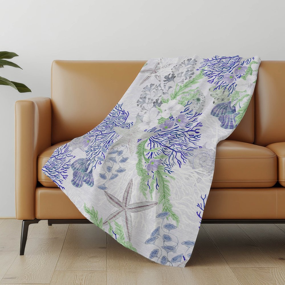 50" X 70" Blue Green And Gray Floral Polyester Woven Plush Throw Blanket
