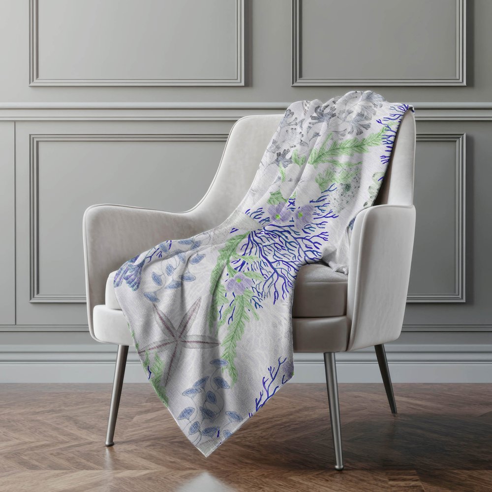 50" X 70" Blue Green And Gray Floral Polyester Woven Plush Throw Blanket