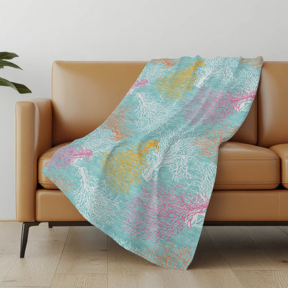 50" X 70" Aqua Pink And Yellow Floral Polyester Woven Plush Throw Blanket