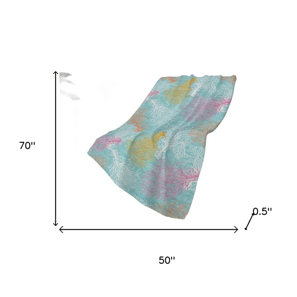 50" X 70" Aqua Pink And Yellow Floral Polyester Woven Plush Throw Blanket