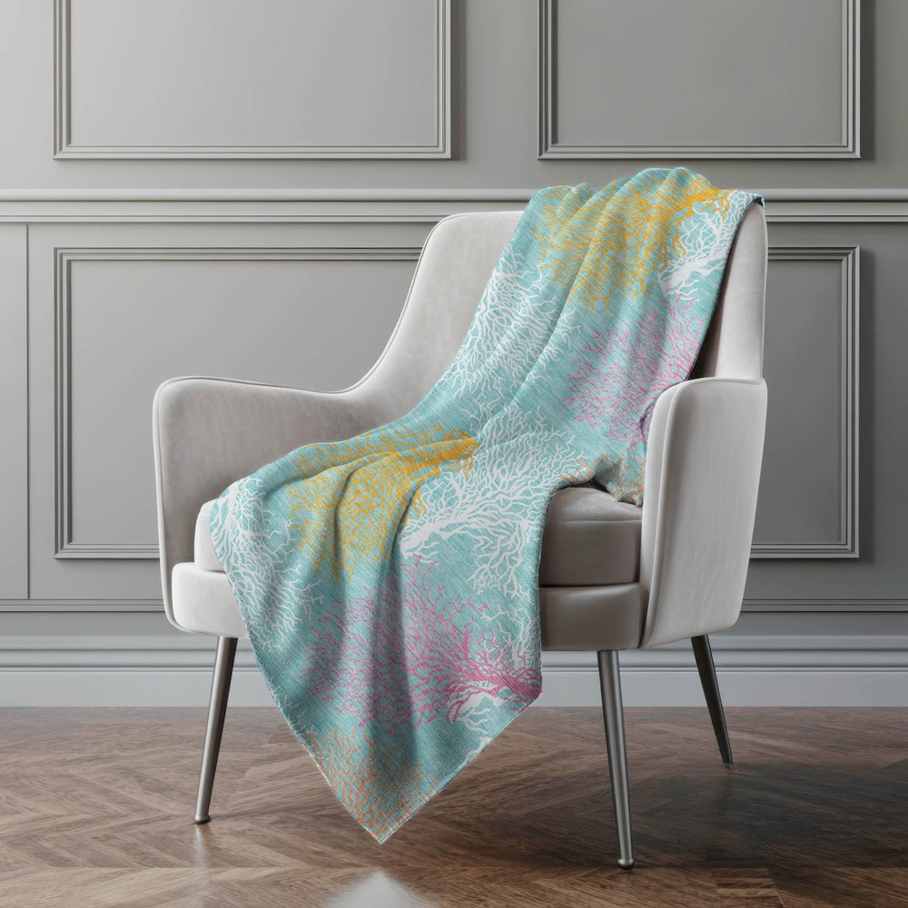 50" X 70" Aqua Pink And Yellow Floral Polyester Woven Plush Throw Blanket
