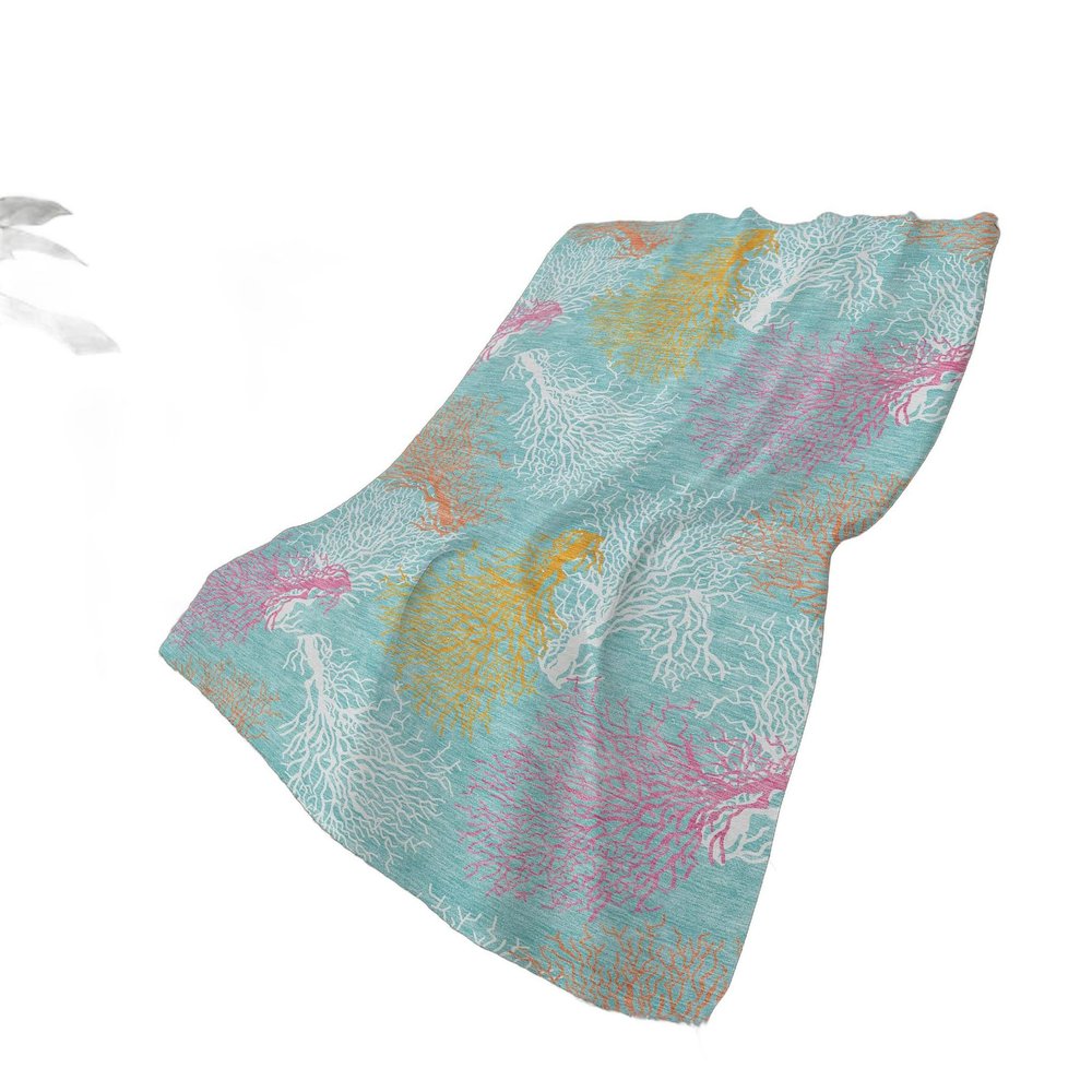 50" X 70" Aqua Pink And Yellow Floral Polyester Woven Plush Throw Blanket