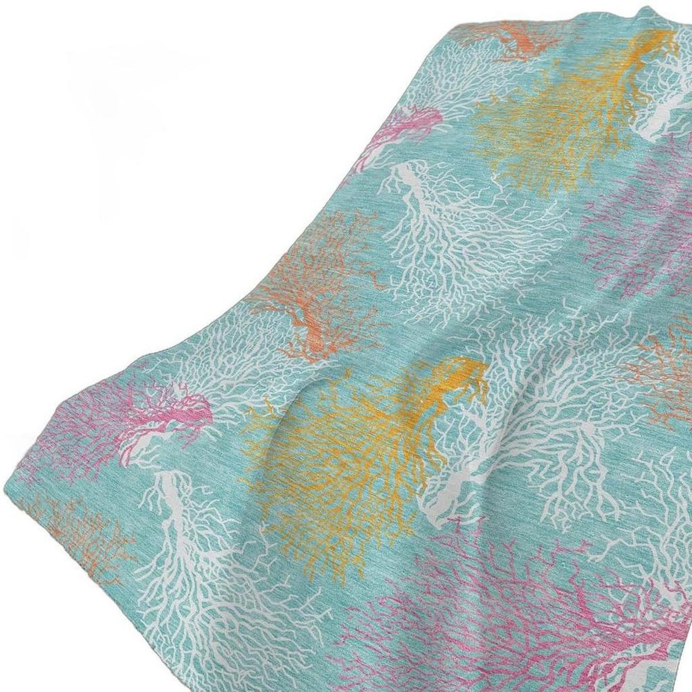 50" X 70" Aqua Pink And Yellow Floral Polyester Woven Plush Throw Blanket