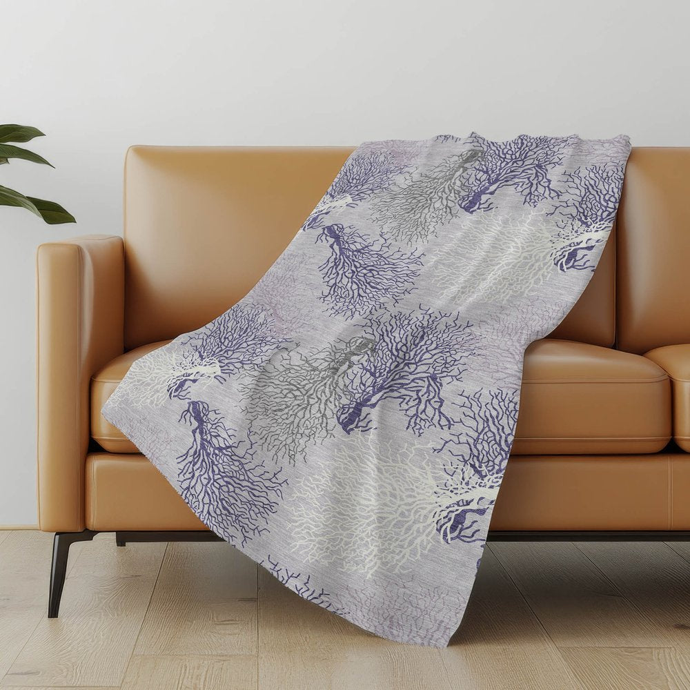 50" X 70" Purple Ivory And Gray Floral Polyester Woven Plush Throw Blanket
